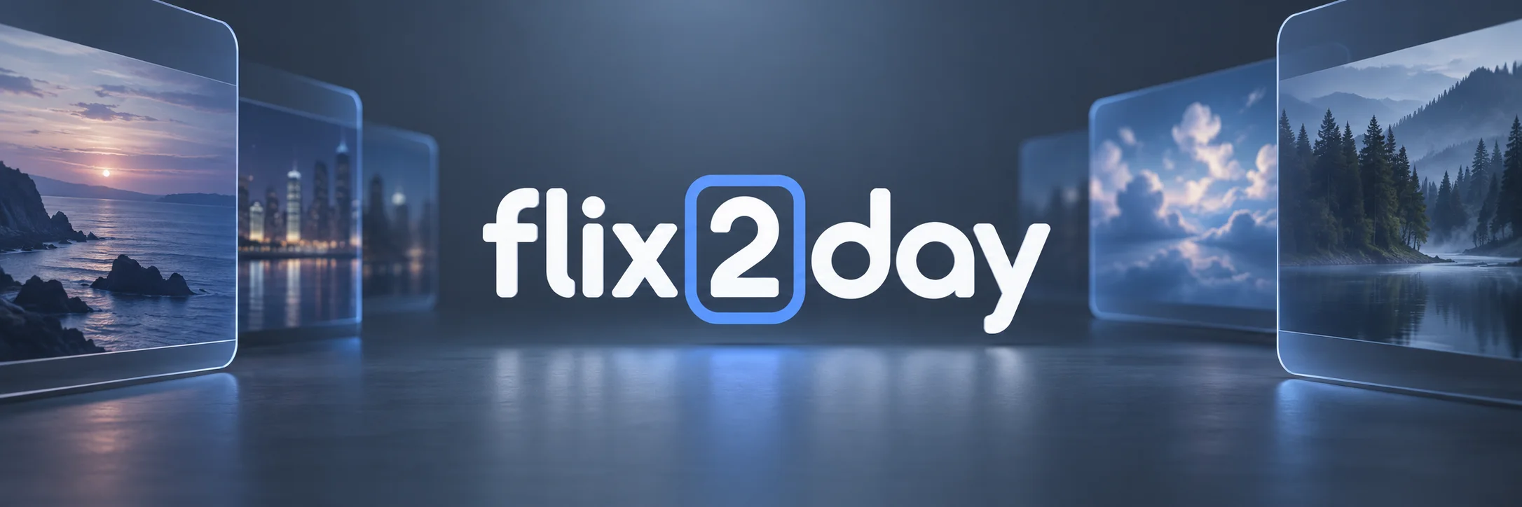 flix2day white wordmark with a blue boxed 2 among softly lit cinema panels